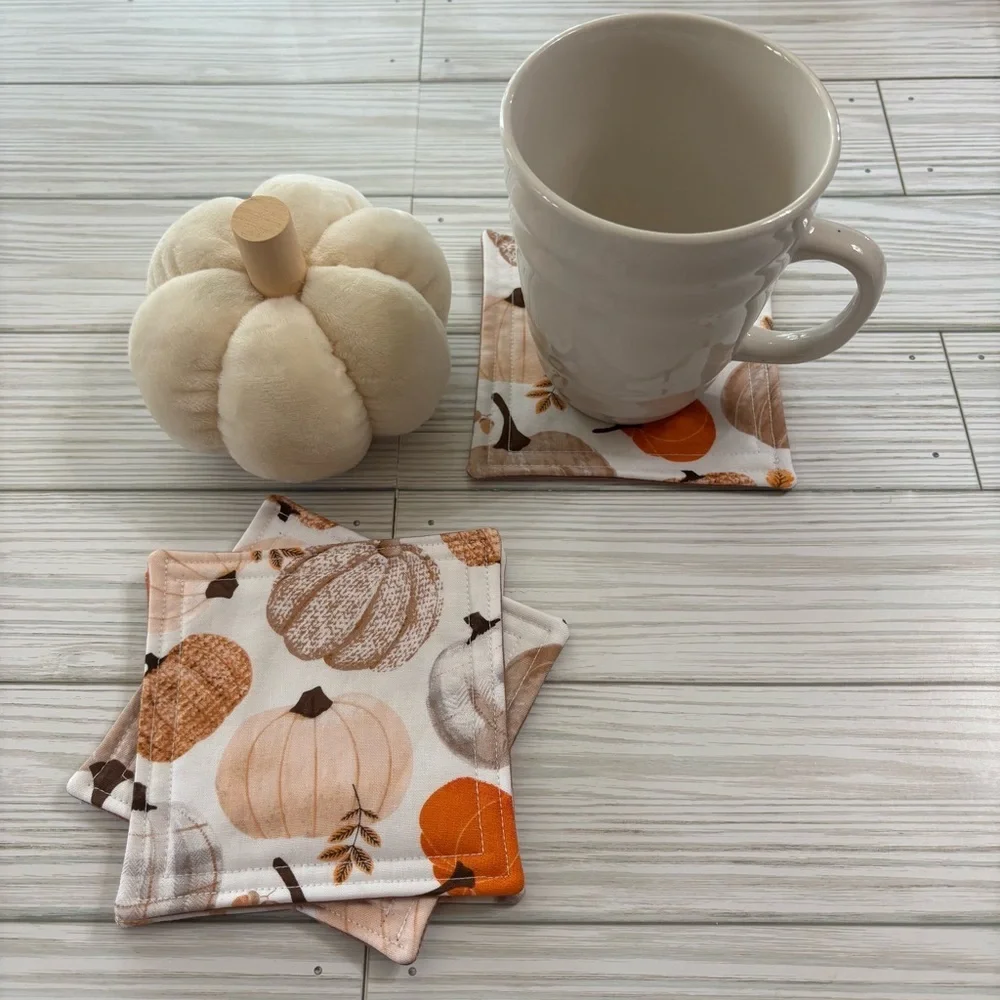 Handmade Fall Pumpkin Farmhouse Washable Reusable Fabric Coasters Set of 4